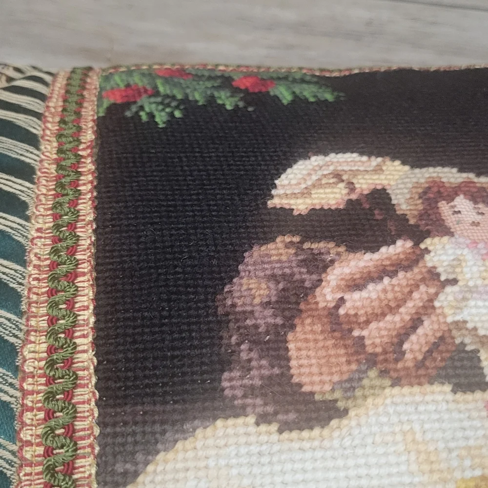 Vintage Santa Claus with Dolls Large needpoint pillow very full velvet backing